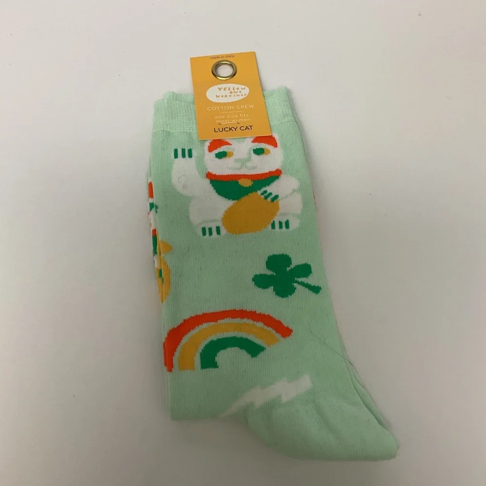 YELLOW OWL WORKSHOP COTTON WOMENS CREW SOCKS LUCKY CAT AND CLOVER OS NWT